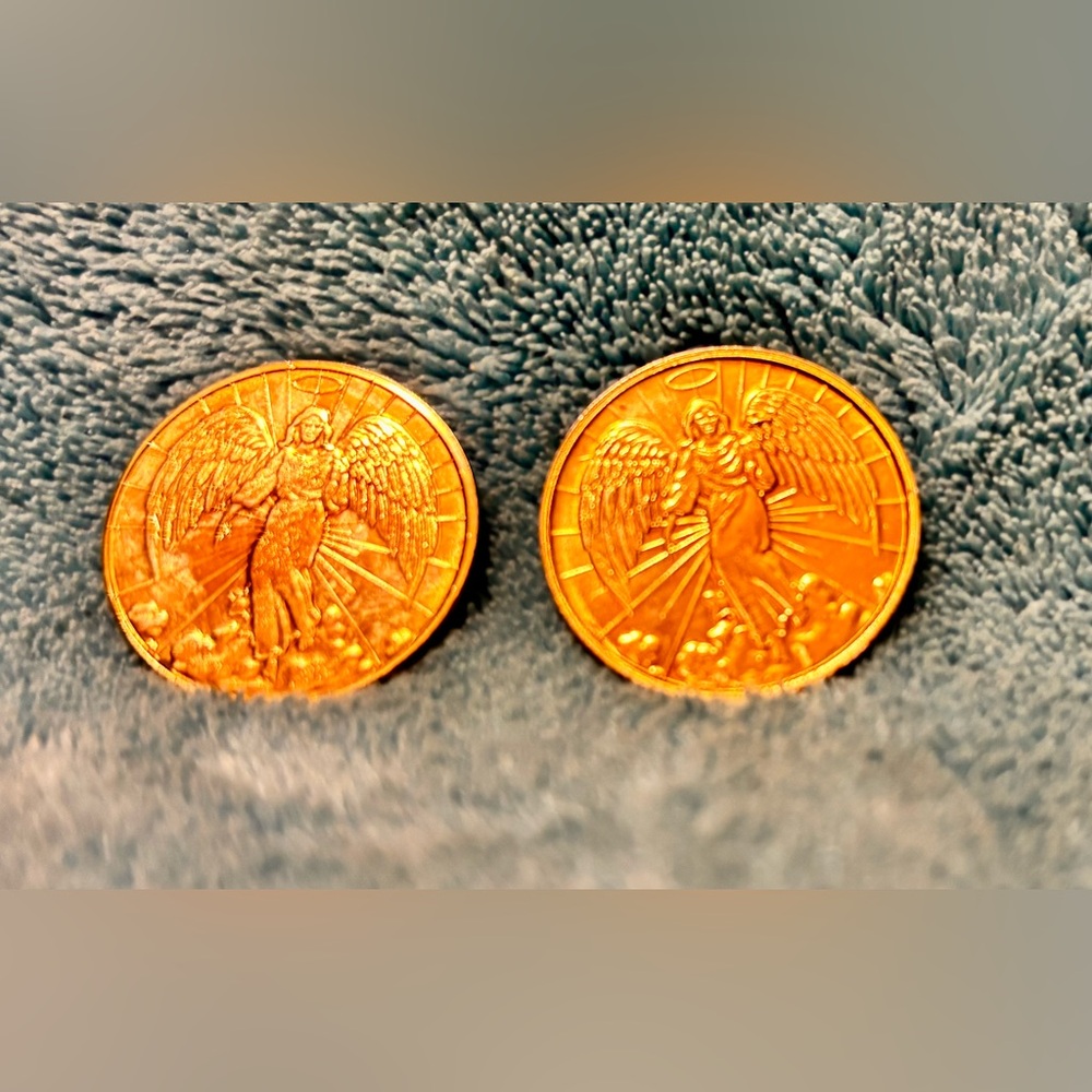 Two Radiant Guardian Angel in the clouds pocket tokens / medals. Gold Tone Brass